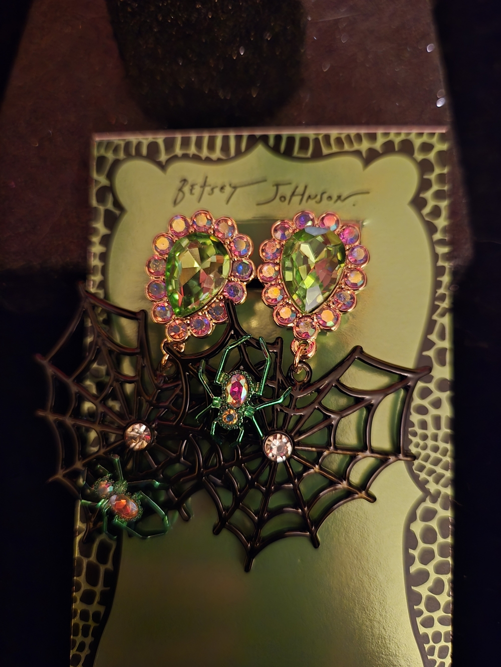 Betsey Johnson Green and Pink Crystal Spider Web Drop Earrings